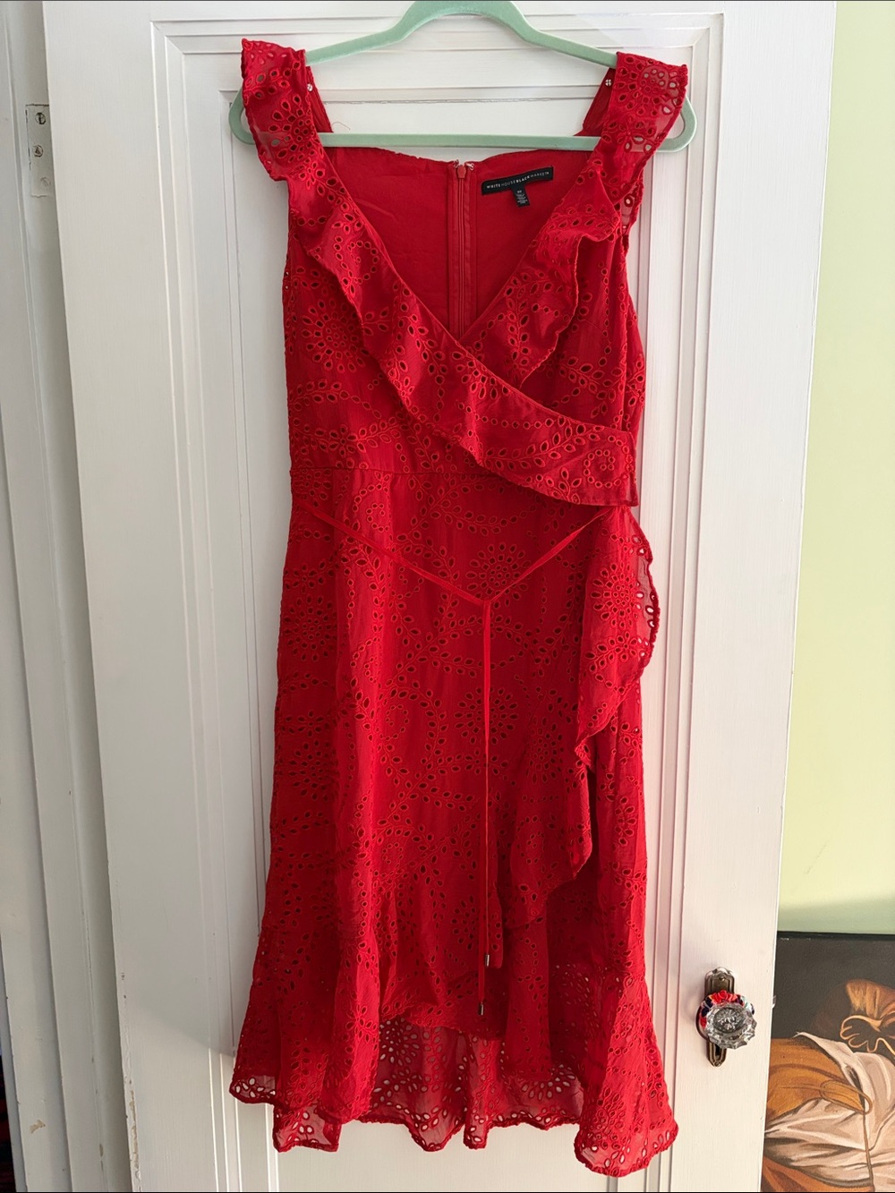4th of July Red Eyelet White House Black Market Ruffle Lined Dress Sz 10